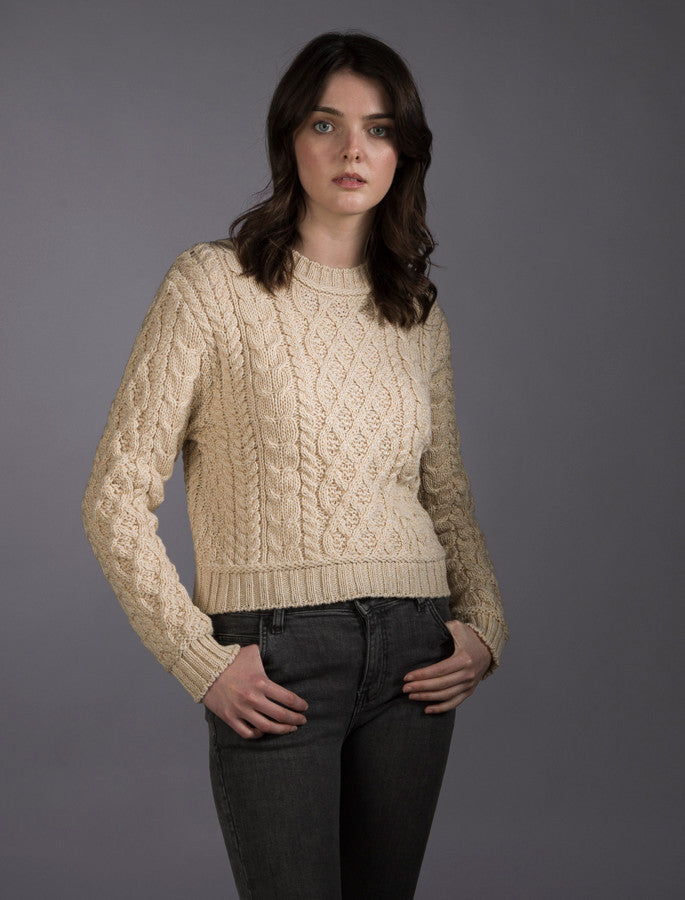 Ladies Cropped Aran Sweater - Oatmeal