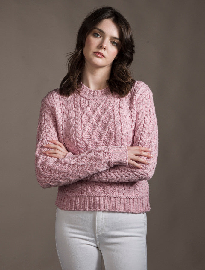 Ladies Cropped Aran Sweater - Pale Pink