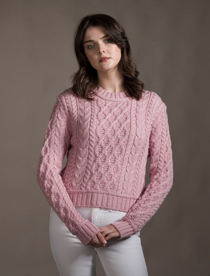 Ladies Cropped Aran Sweater - Pale Pink