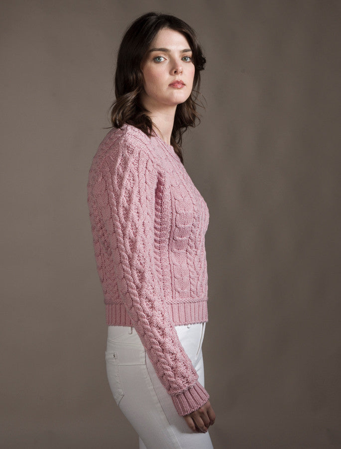 Ladies Cropped Aran Sweater - Pale Pink