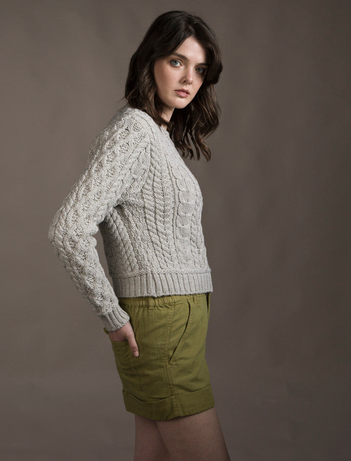 Ladies Cropped Aran Sweater - Silver Marl