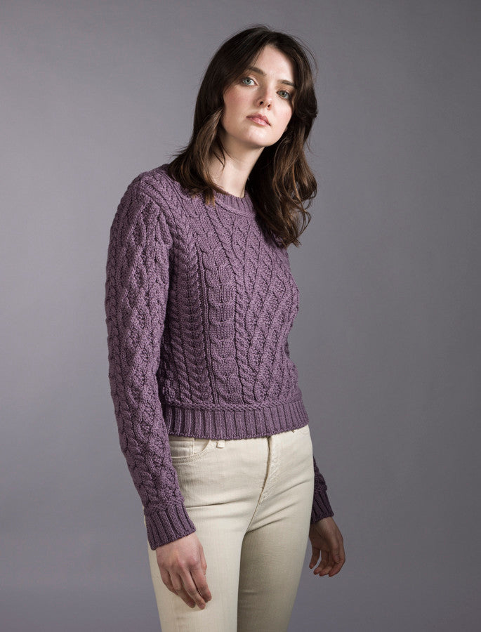Ladies Cropped Aran Sweater - Warm Lavender