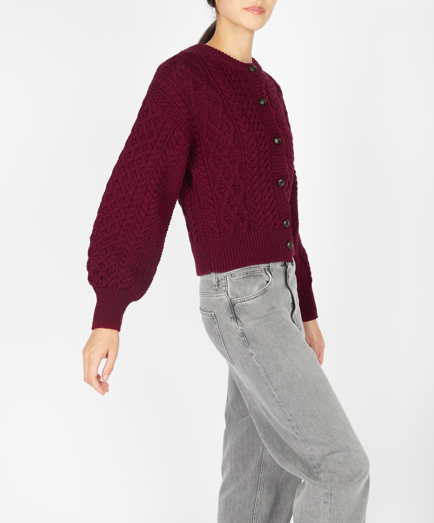 Cropped Wool Aran Cardigan - Claret