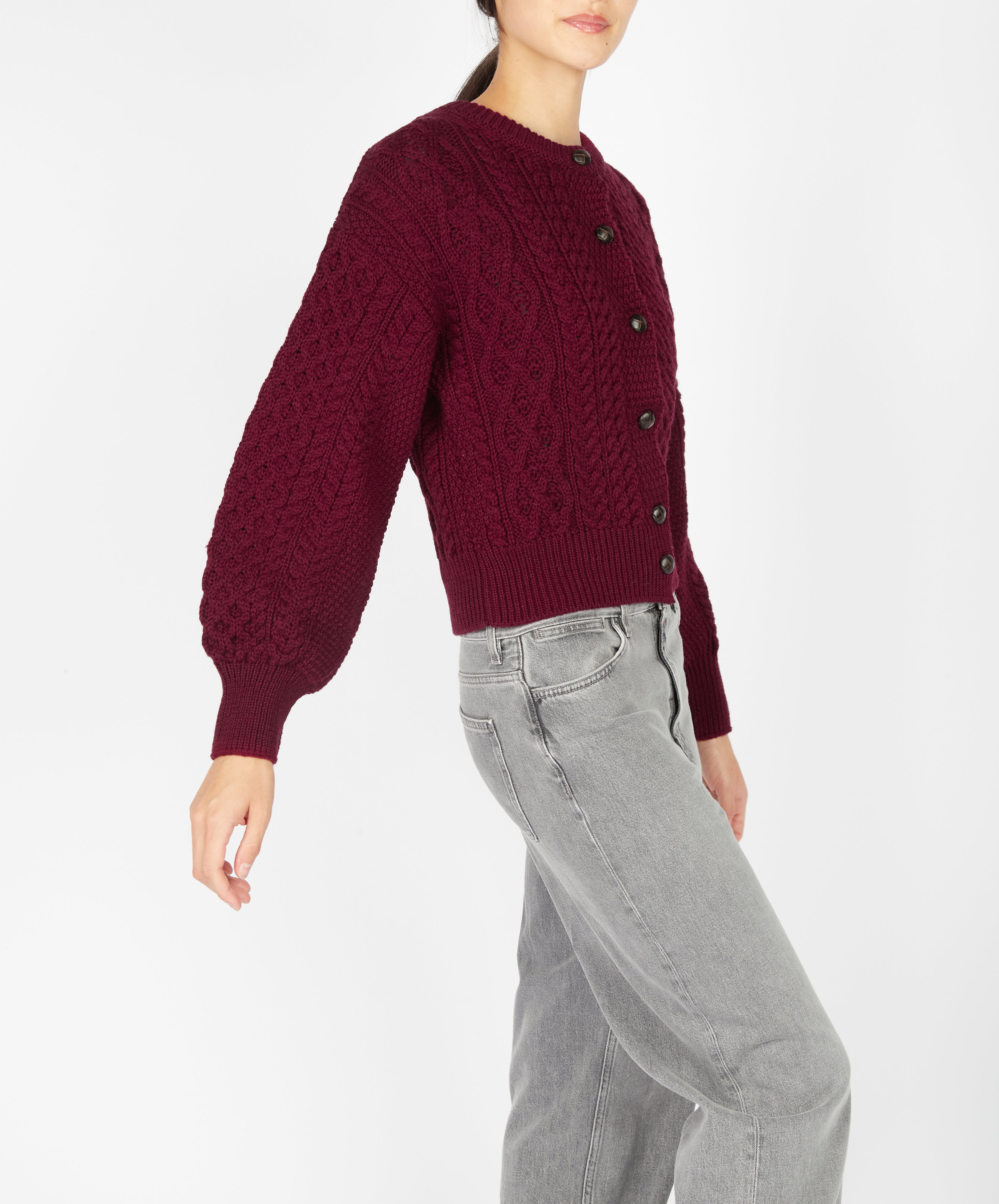 Cropped Wool Aran Cardigan - Claret