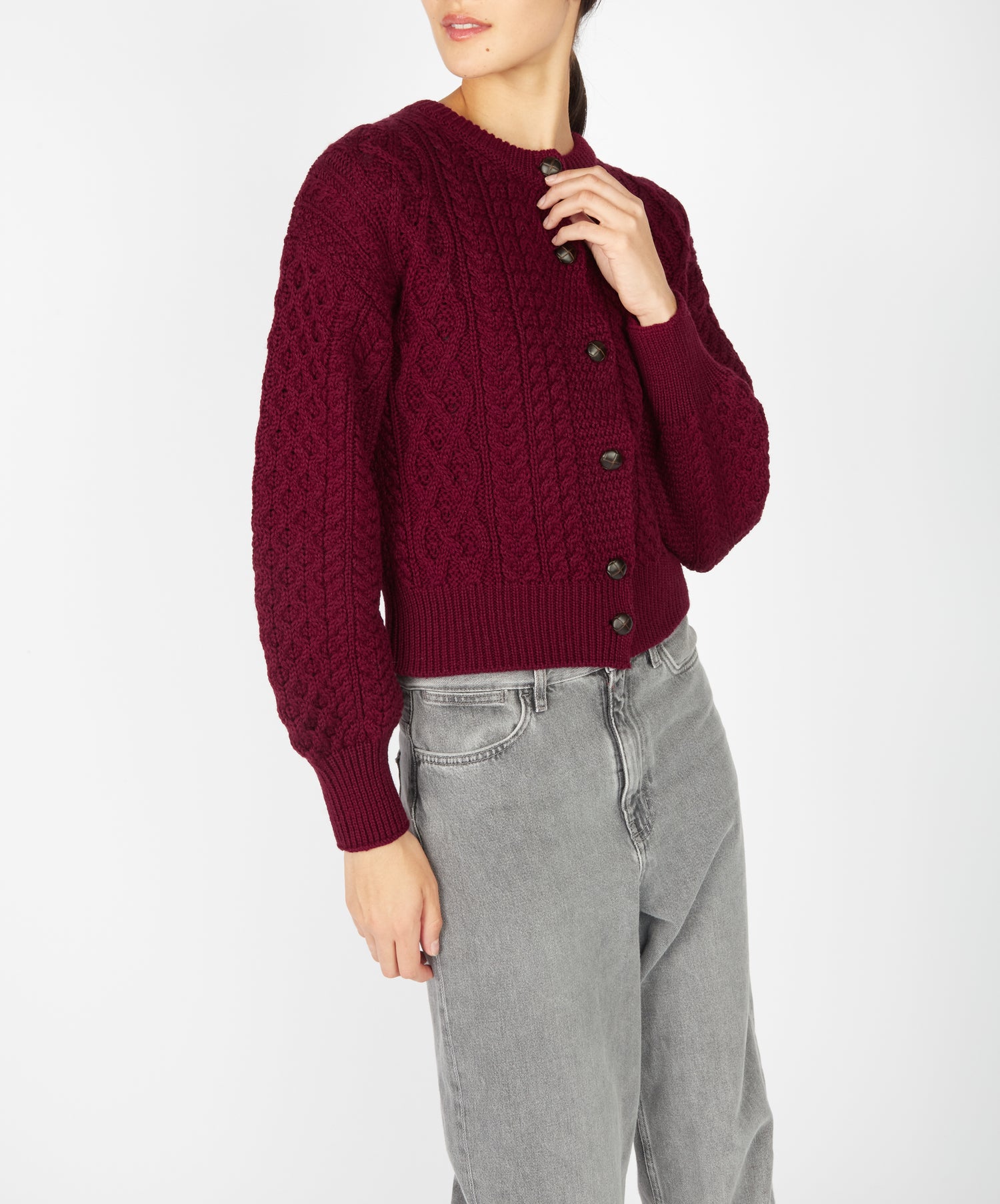 Cropped Wool Aran Cardigan - Claret