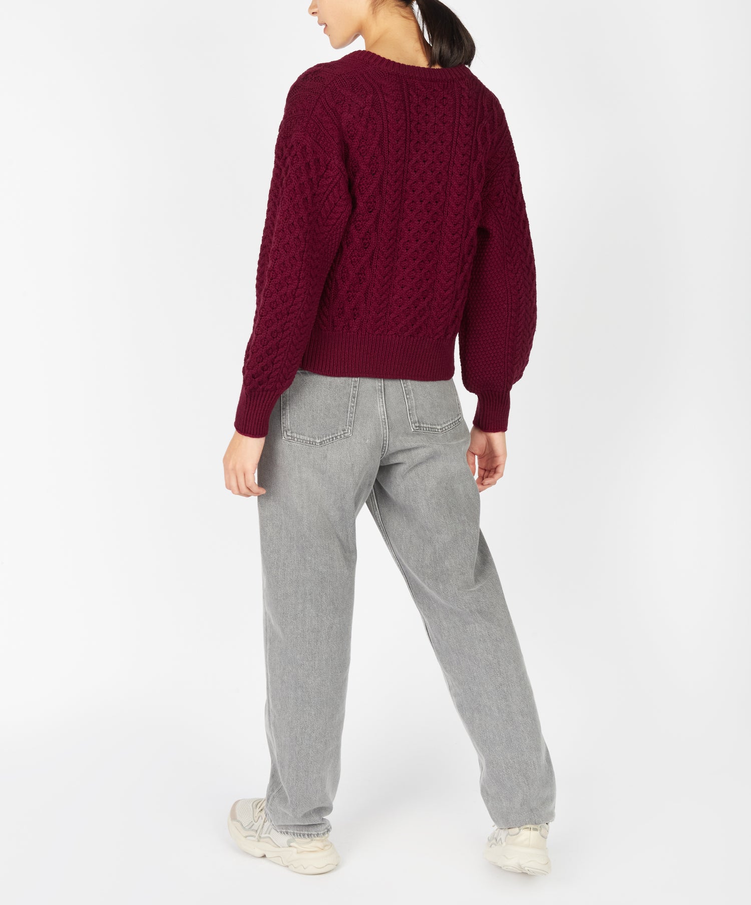 Cropped Wool Aran Cardigan - Claret