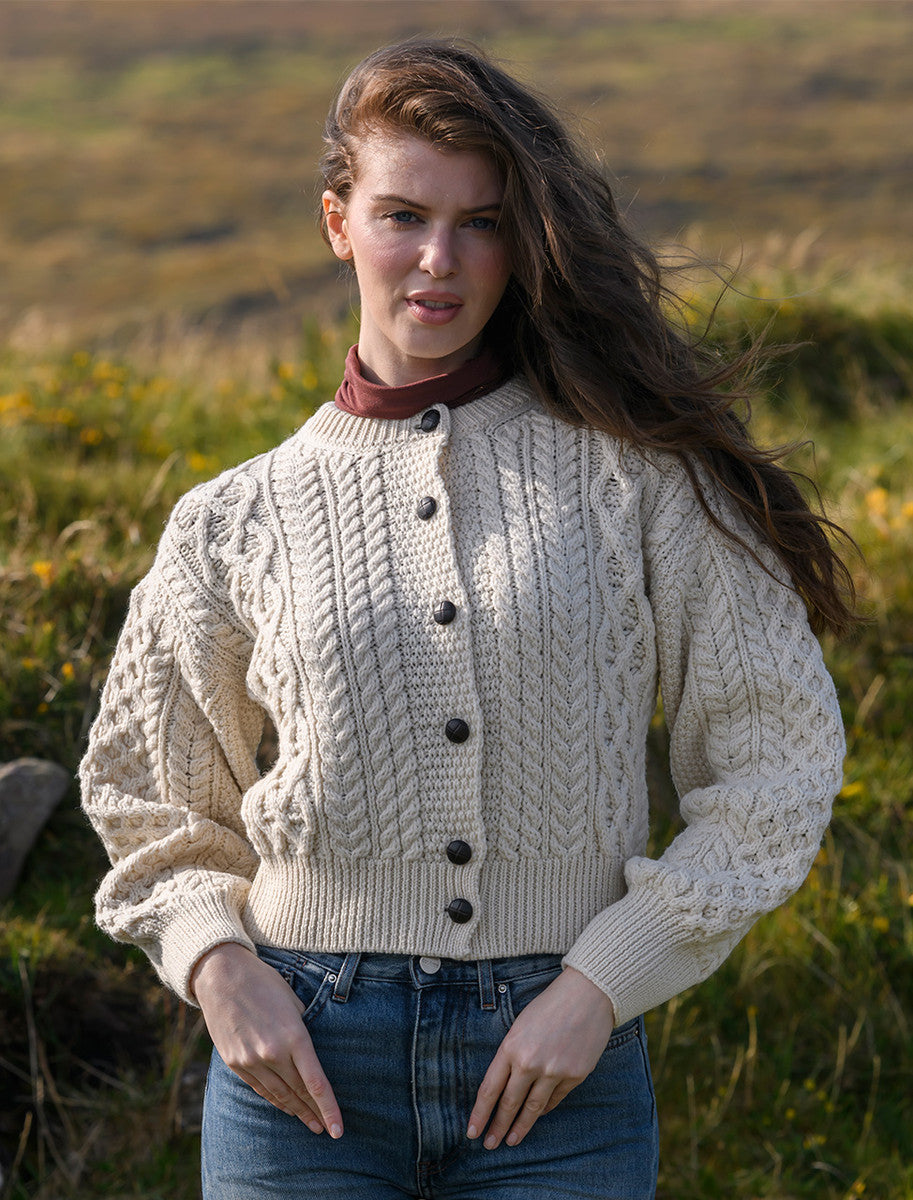 Cropped Wool Aran Cardigan - Natural White