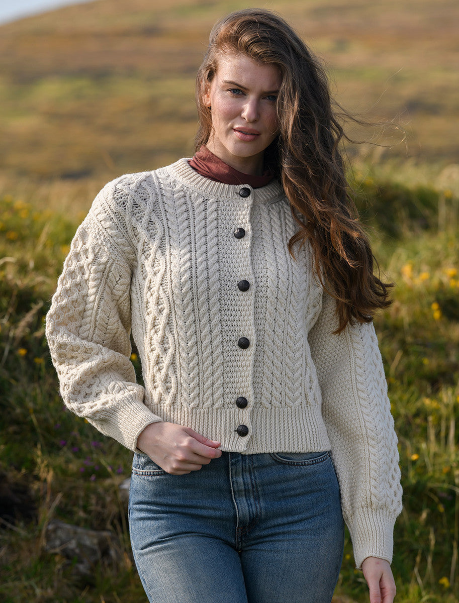 Cropped Wool Aran Cardigan - Natural White