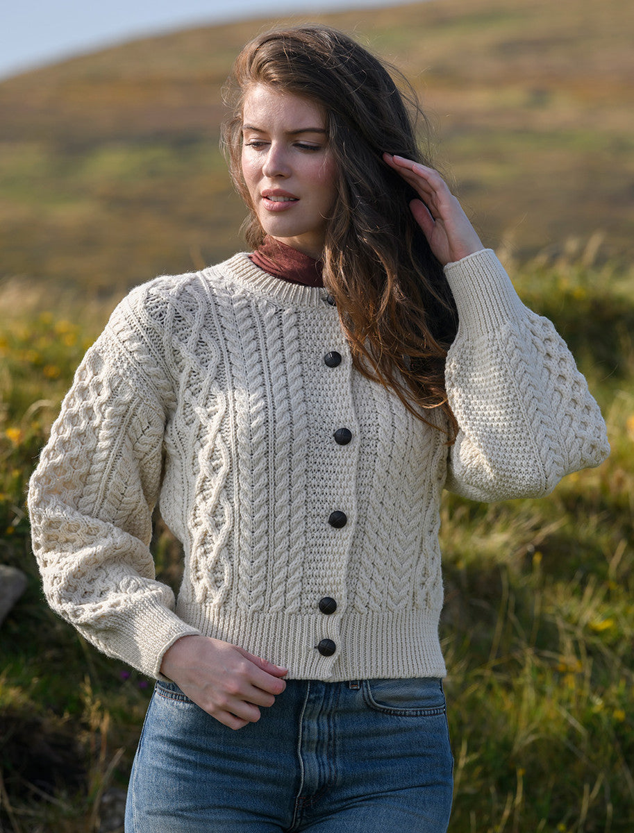 Cropped Wool Aran Cardigan - Natural White