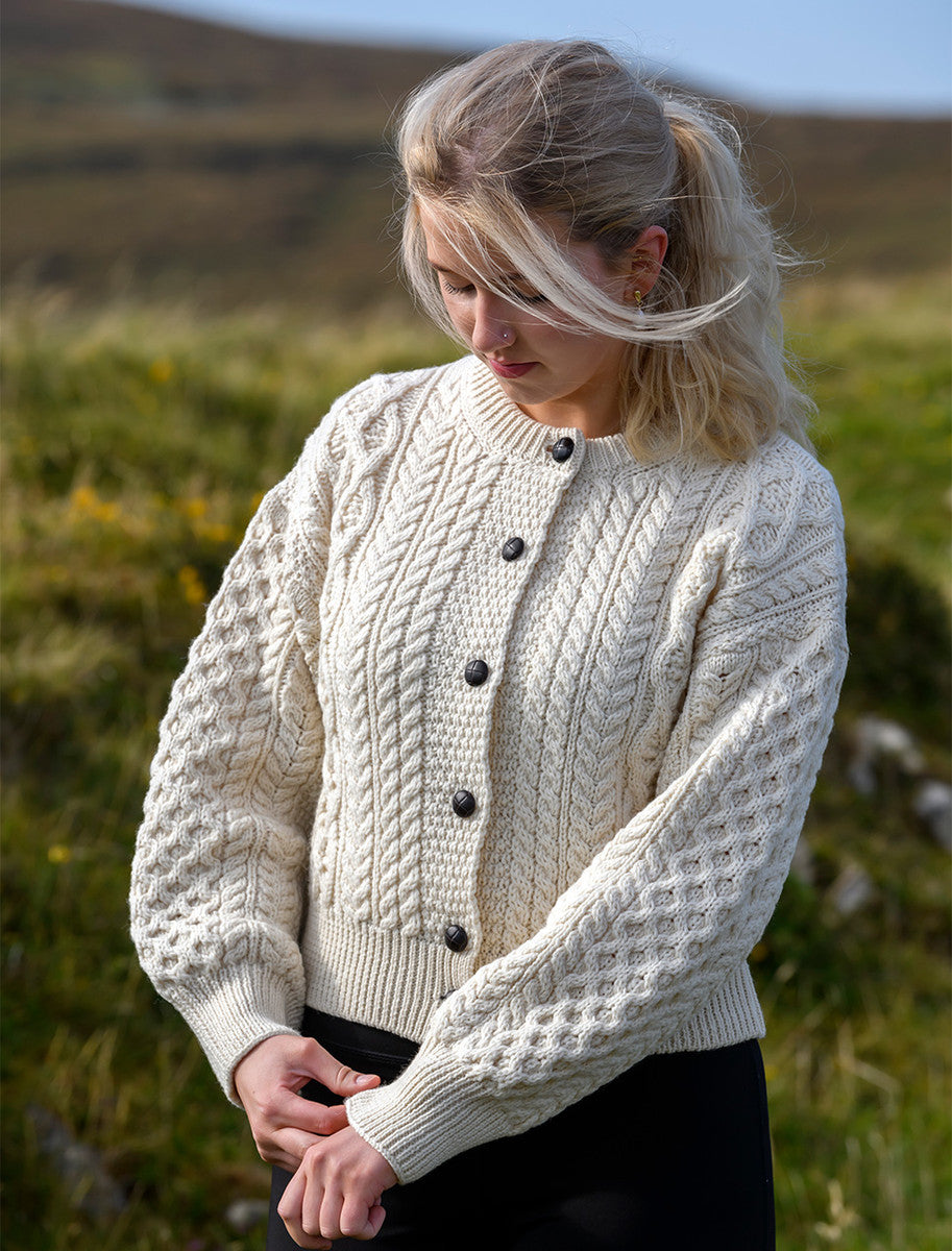 Cropped Wool Aran Cardigan - Natural White