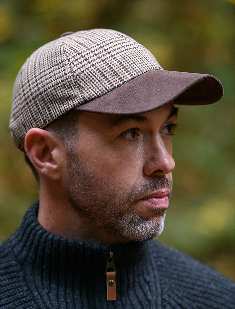 Tweed / Suede Camel Box Check Baseball Cap
