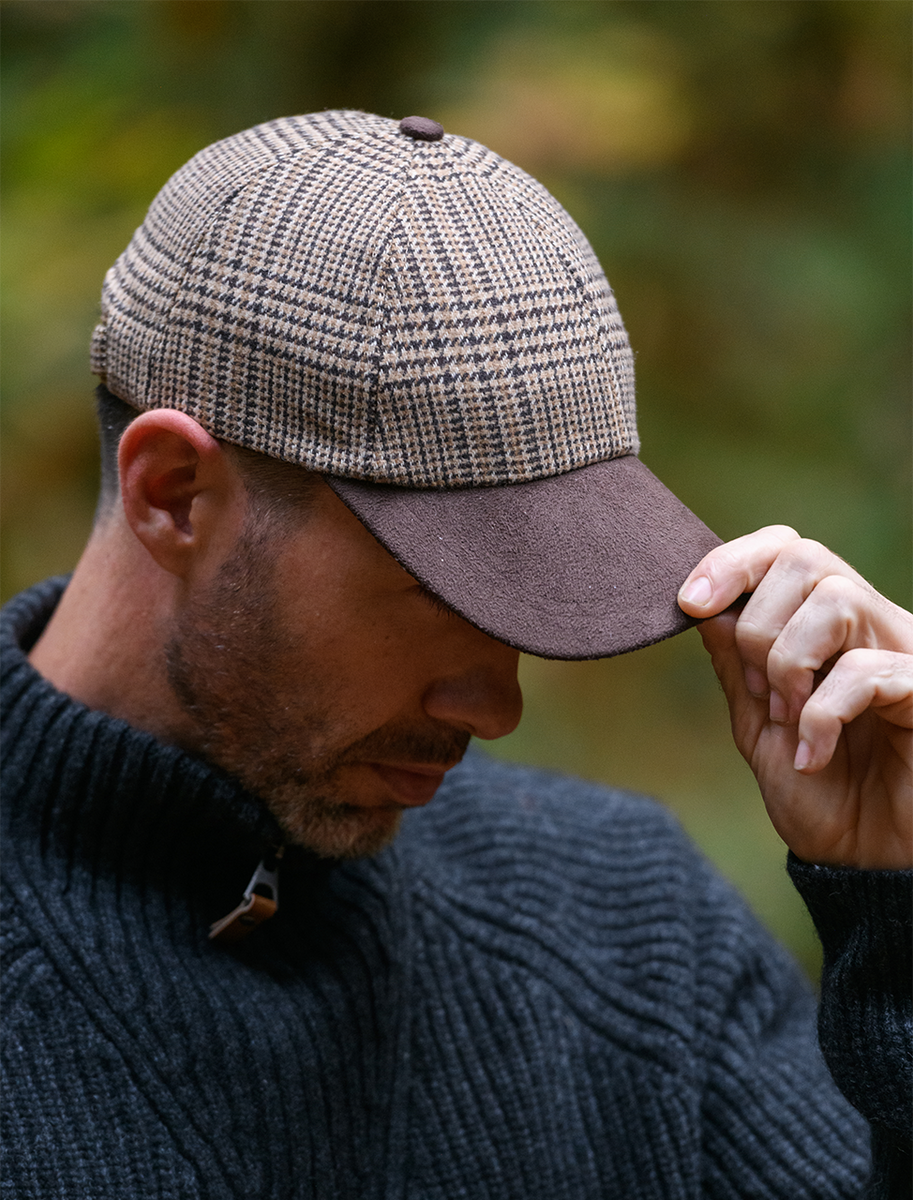 Tweed / Suede Camel Box Check Baseball Cap