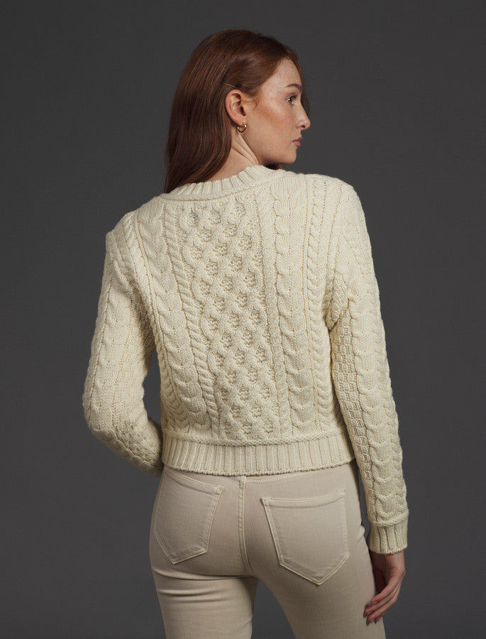 Ladies Cropped Aran Sweater - Natural White