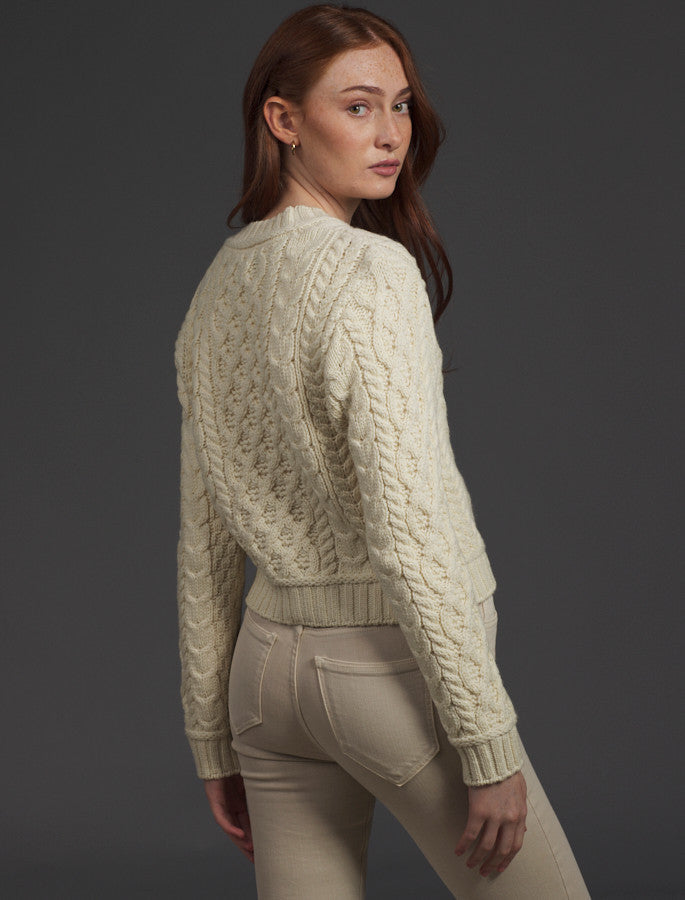 Ladies Cropped Aran Sweater - Natural White