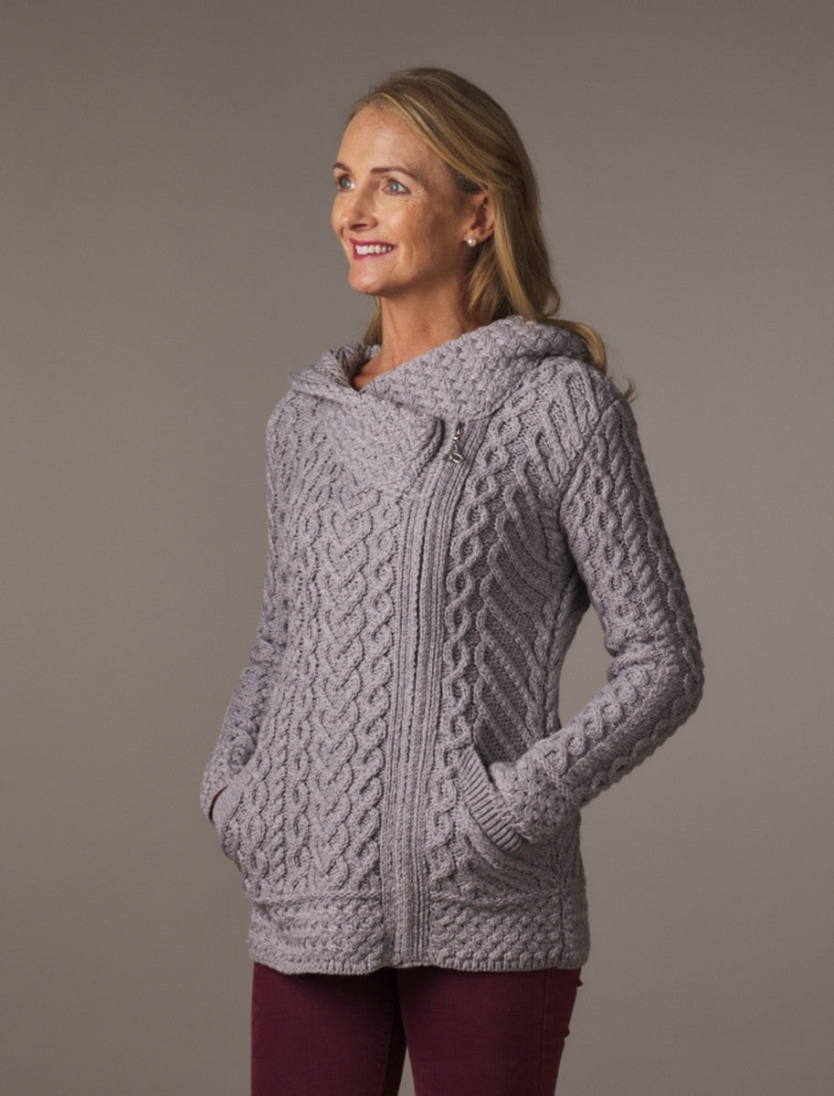 Aran Cable Knit Hoodie With Celtic Side Zip - Soft Grey