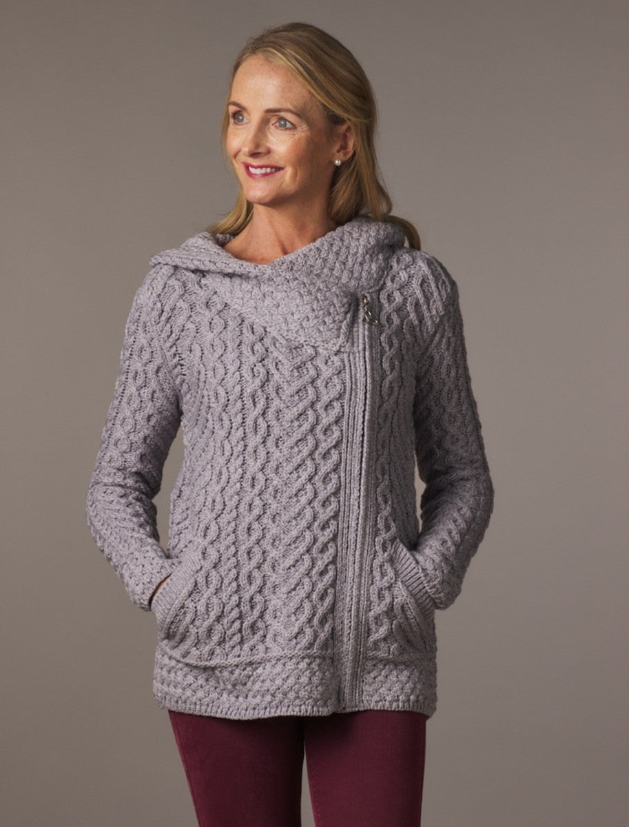 Aran Cable Knit Hoodie With Celtic Side Zip - Soft Grey