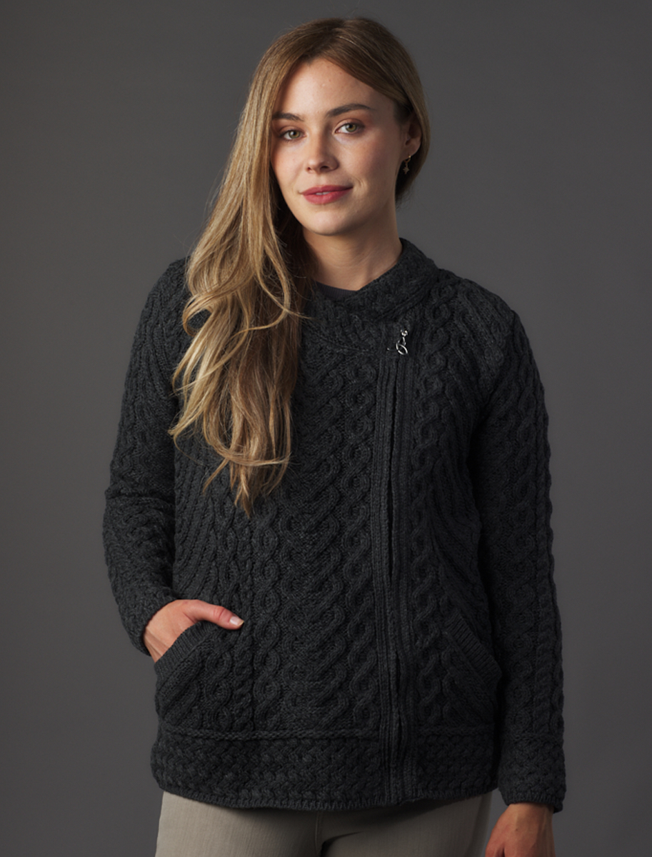 Cable Knit Hoodie With Celtic Side Zip - Black