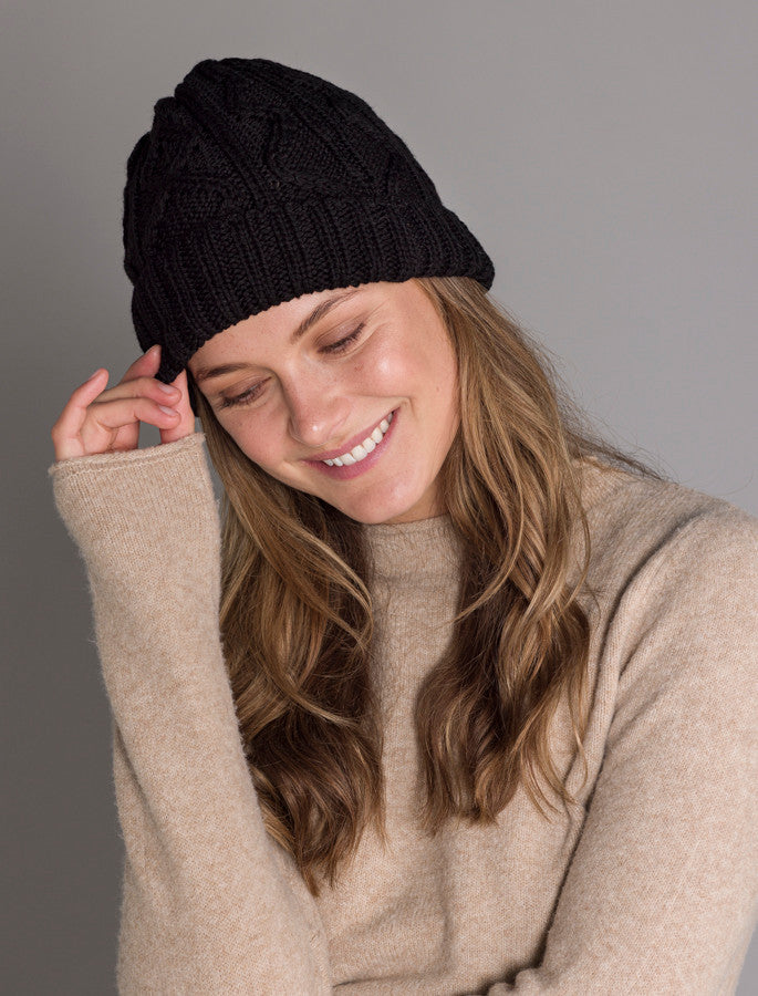 Ladies Aran Super Soft Merino Wool Hat - Black