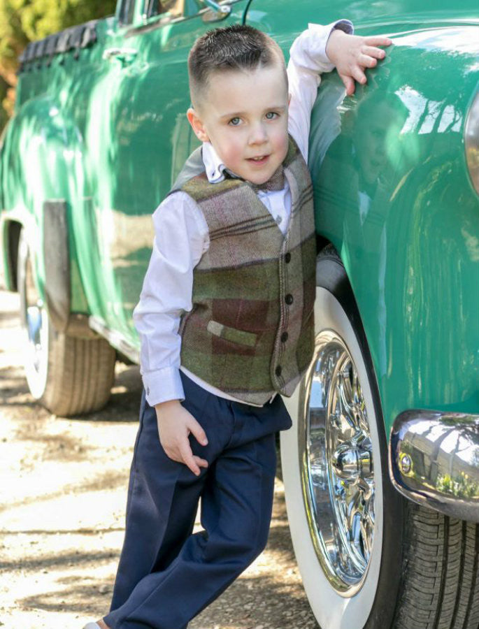 Boys Autumn Plaid Herringbone Irish Tweed Waistcoat