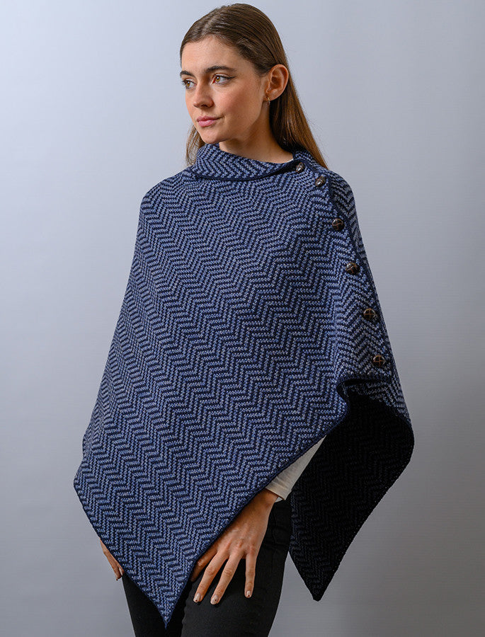 Herringbone Merino Poncho with Button Detail - Denim/Navy