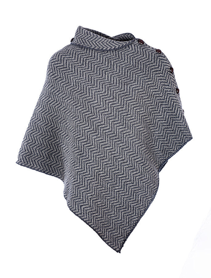 Herringbone Merino Poncho with Button Detail - Derby/Grey