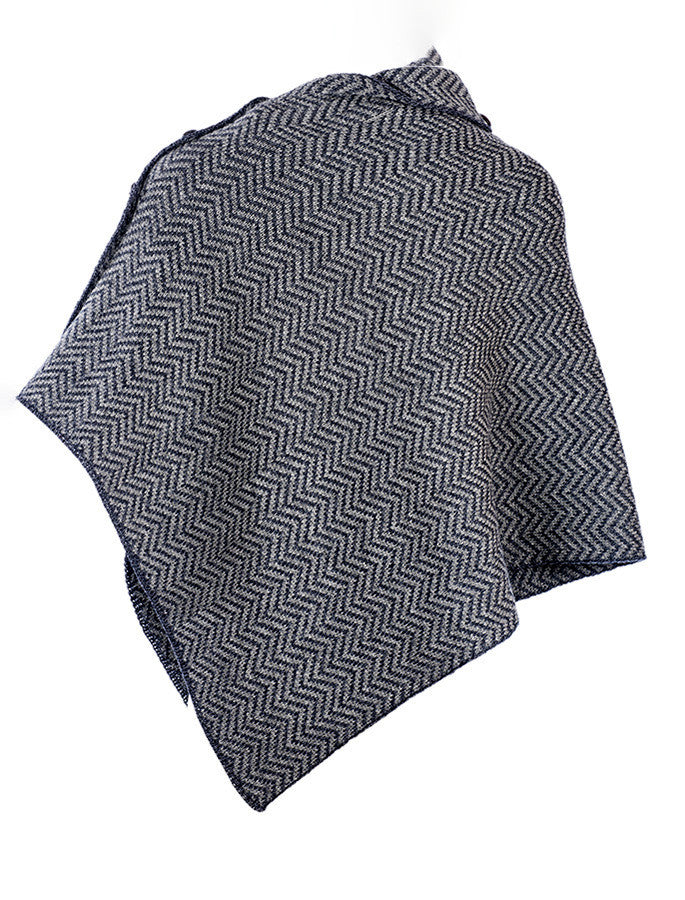 Herringbone Merino Poncho with Button Detail - Derby/Grey