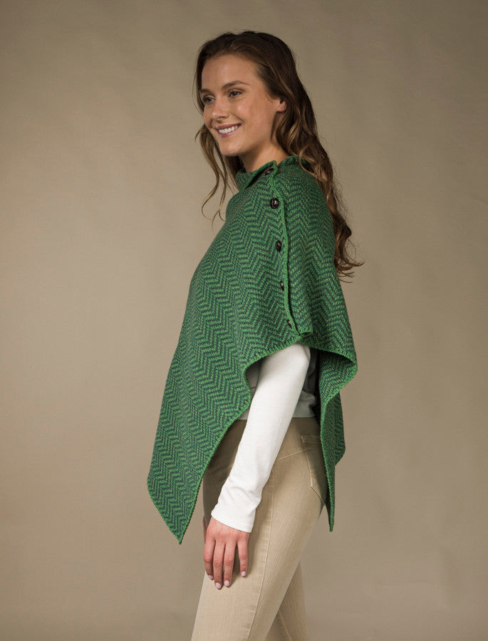 Herringbone Merino Poncho with Button Detail - Connemara/Kiwi