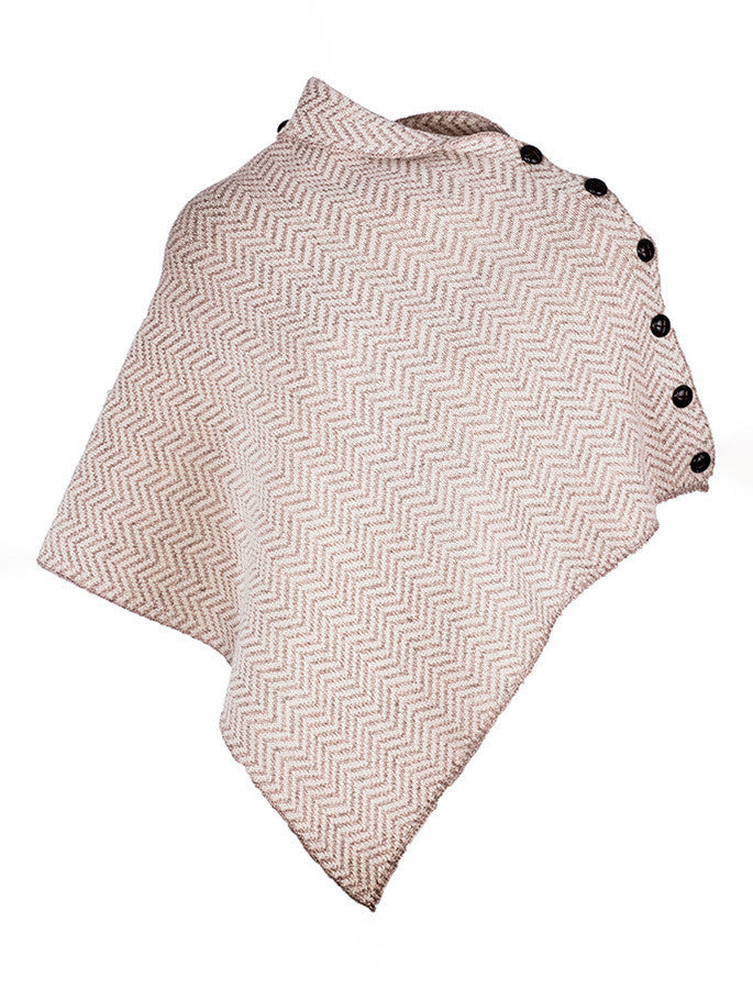 Herringbone Merino Poncho with Button Detail - Wicker/White