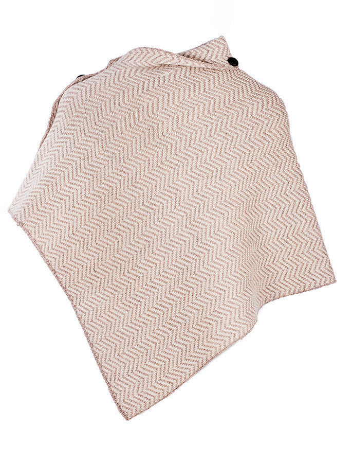 Herringbone Merino Poncho with Button Detail - Wicker/White