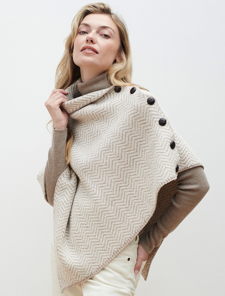 Herringbone Merino Poncho with Button Detail - Wicker/White