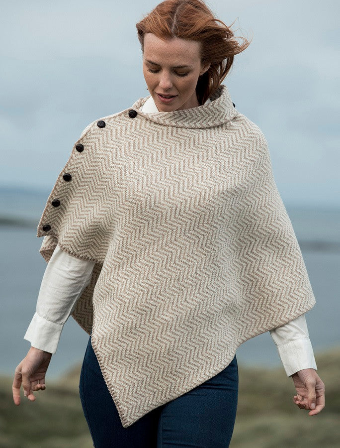 Herringbone Merino Poncho with Button Detail - White/Wicker