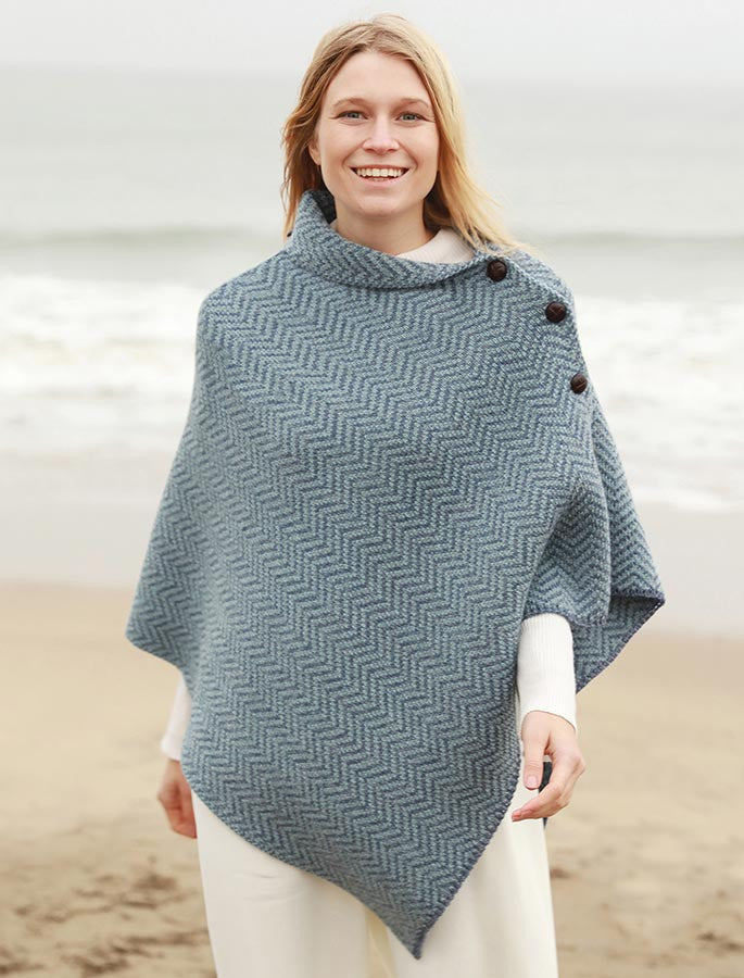 Herringbone Merino Poncho with Button Detail - Denim Mist