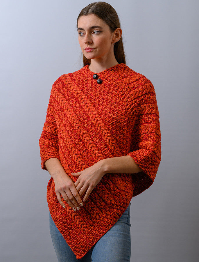 Plaited Aran Poncho with Button Detail - Autumn Leaf Chillipepper