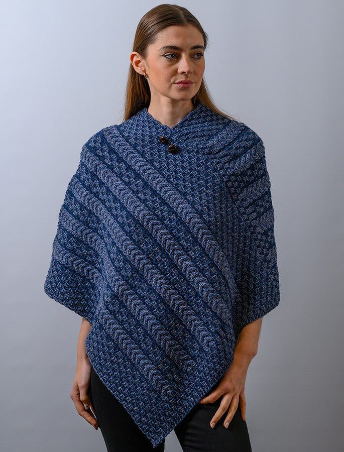 Plaited Aran Poncho with Button Detail - Denim Atlantic