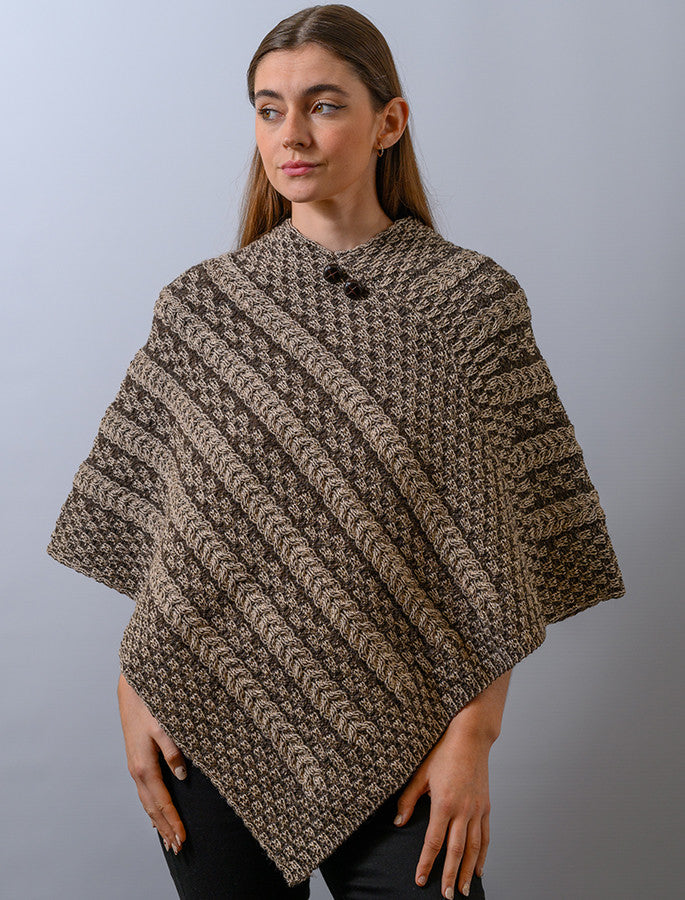 Plaited Aran Poncho with Button Detail - Wicker Brown