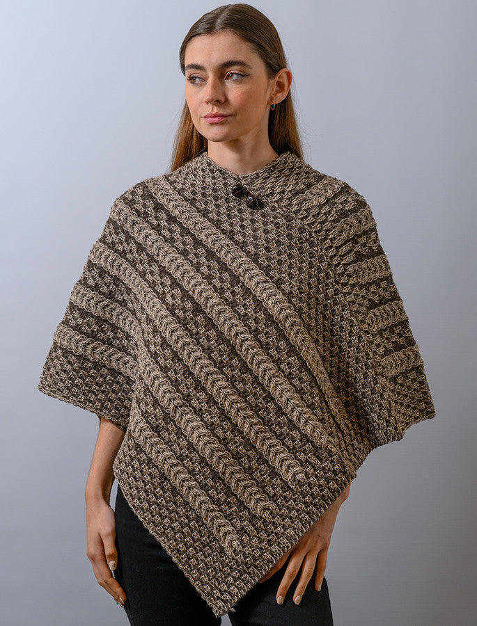 Plaited Aran Poncho with Button Detail - Wicker Brown