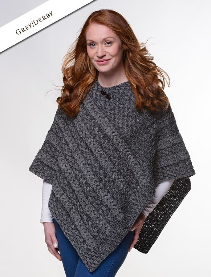 Plaited Aran Poncho with Button Detail - Grey Derby