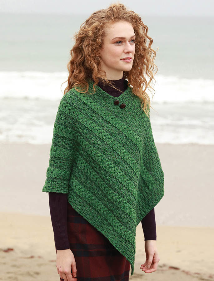Plaited Aran Poncho with Button Detail - Connemara Green Kiwi