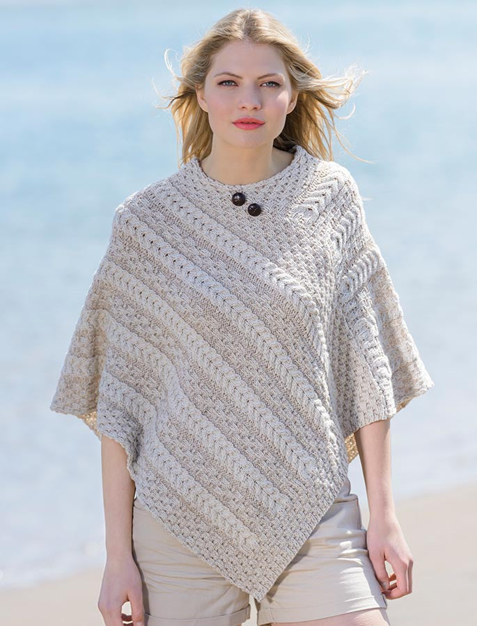 Plaited Aran Poncho with Button Detail - White Wicker