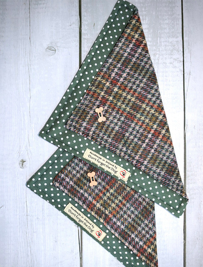 Tweed Doggy Neckerchief Bandana - Green & Amber Plaid