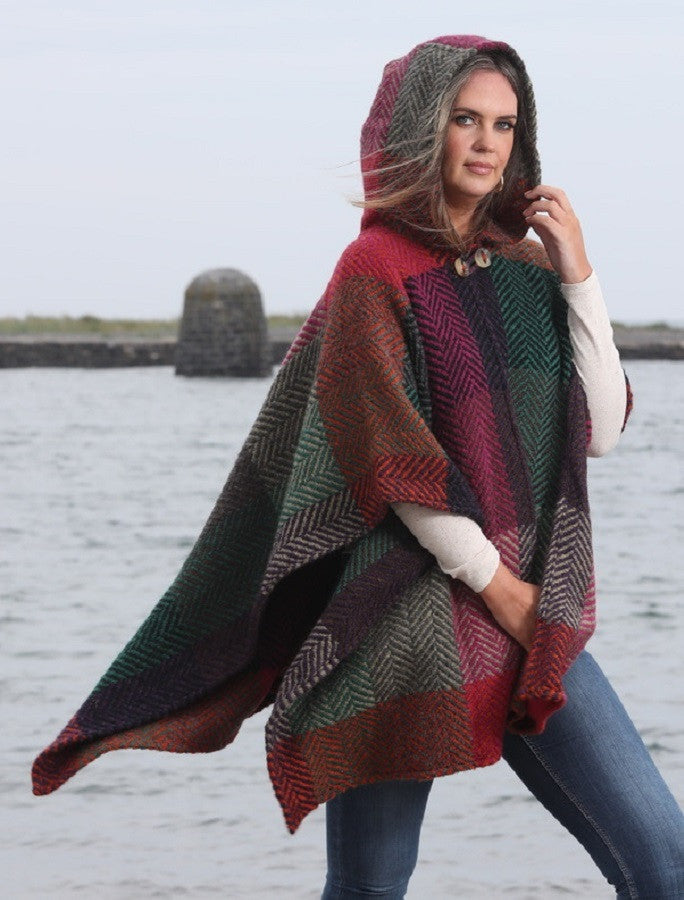 Sarah Hooded One Button Cape - Multi-Mulberry