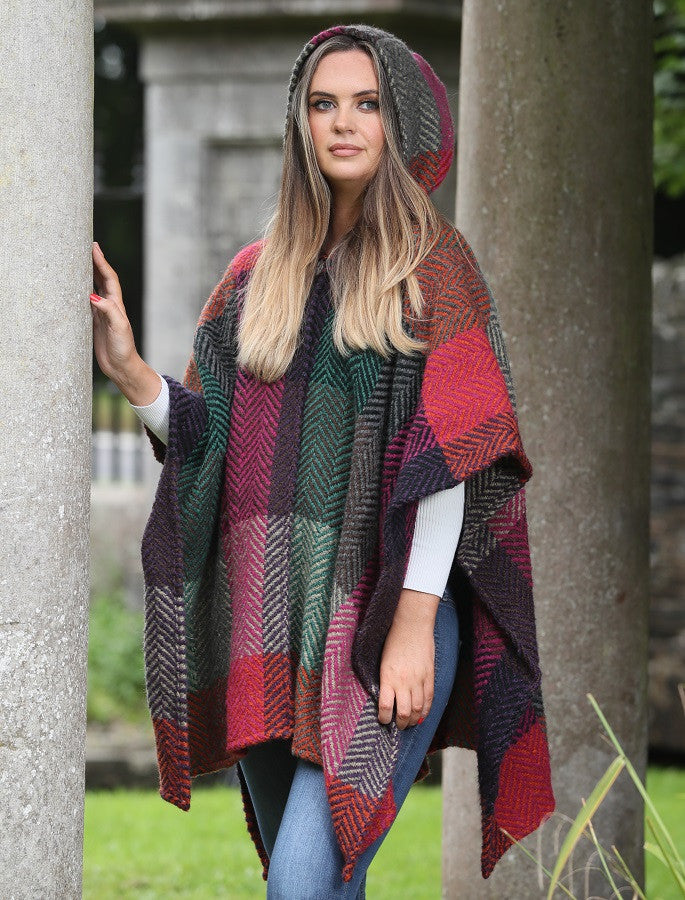 Sarah Hooded One Button Cape - Multi-Mulberry