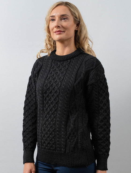 Cable Knit Crew Neck Aran Wool Sweater - Black