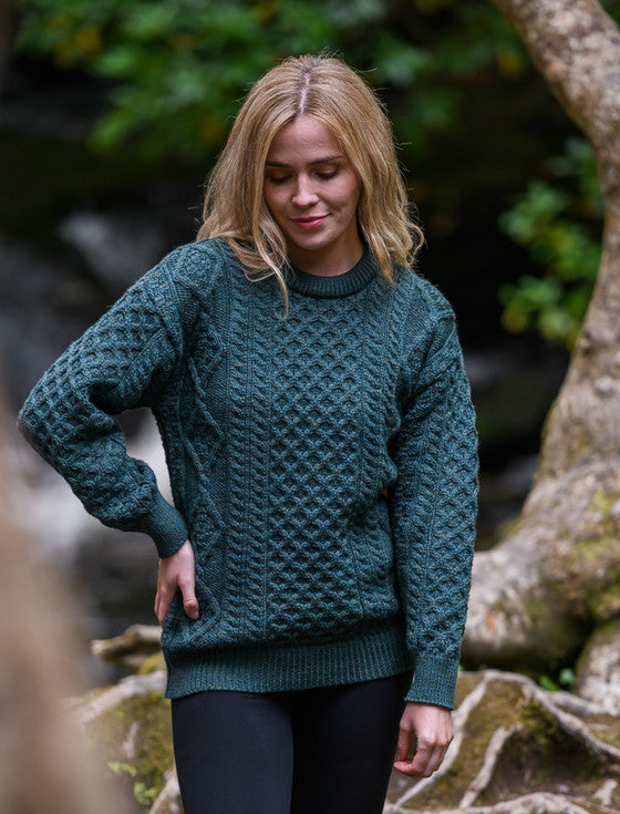 Cable Knit Crew Neck Aran Wool Sweater - Blackwatch