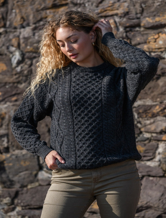 Cable Knit Crew Neck Aran Wool Sweater - Charcoal