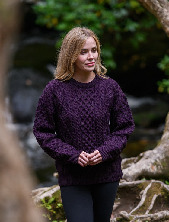 Cable Knit Crew Neck Aran Wool Sweater -  Grape