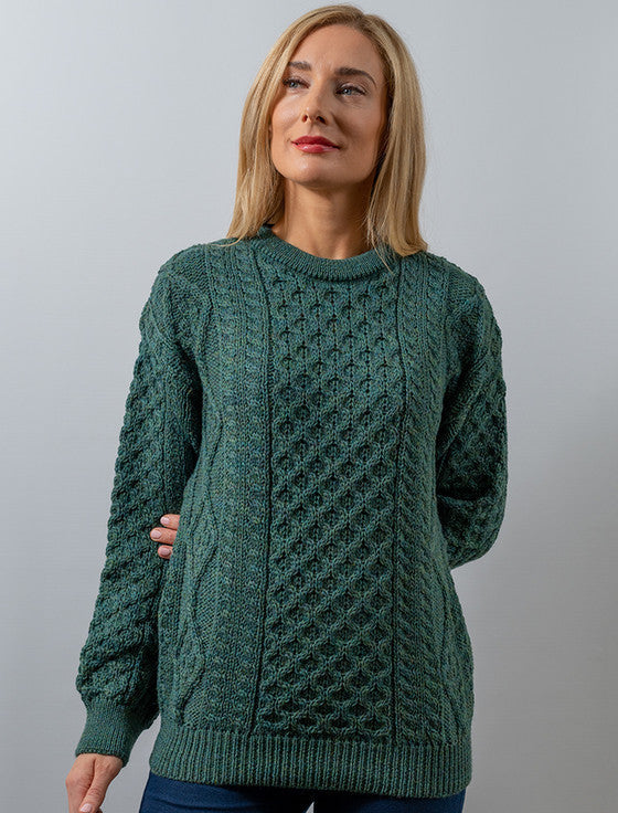 Cable Knit Crew Neck Aran Wool Sweater - Moss Green