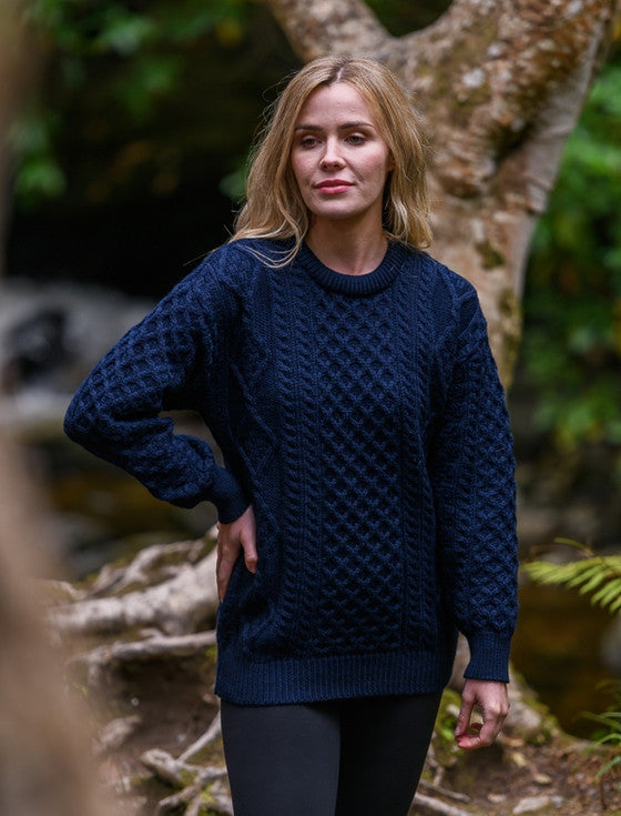 Cable Knit Crew Neck Aran Wool Sweater - Navy
