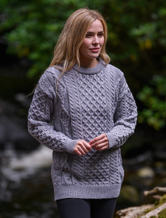 Cable Knit Crew Neck Aran Wool Sweater - Ash Grey