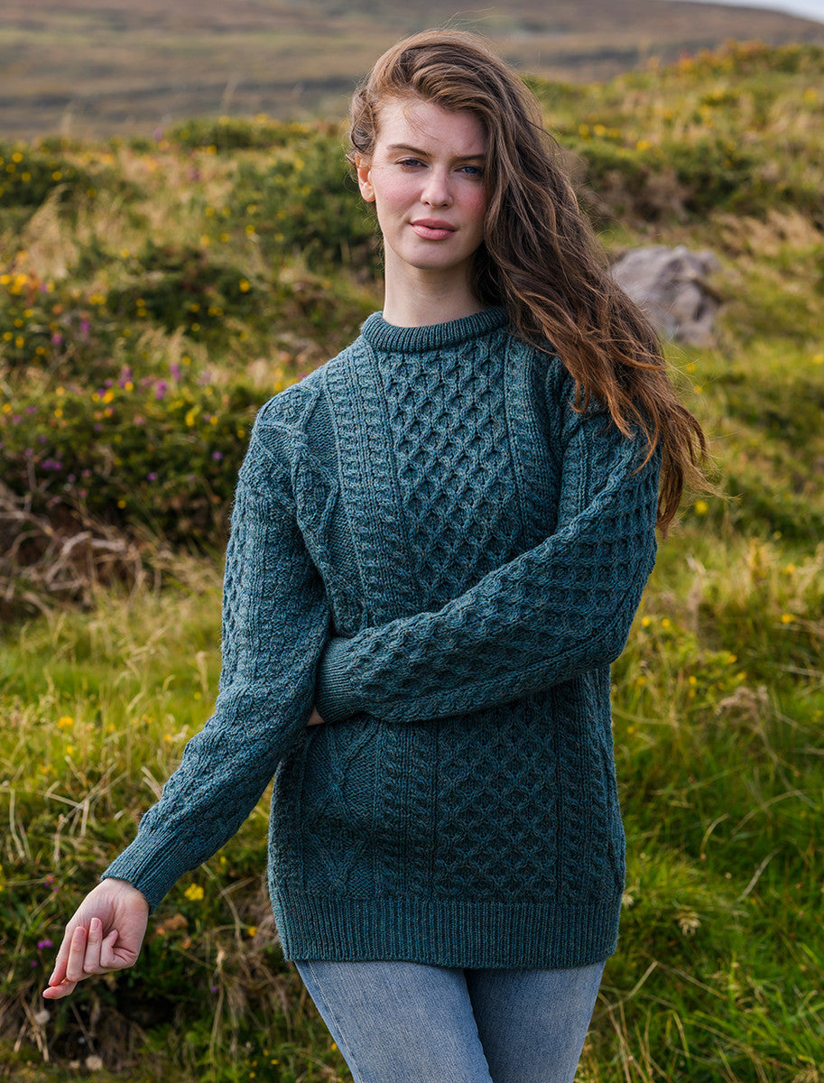 Cable Knit Crew Neck Aran Wool Sweater - Blackwatch